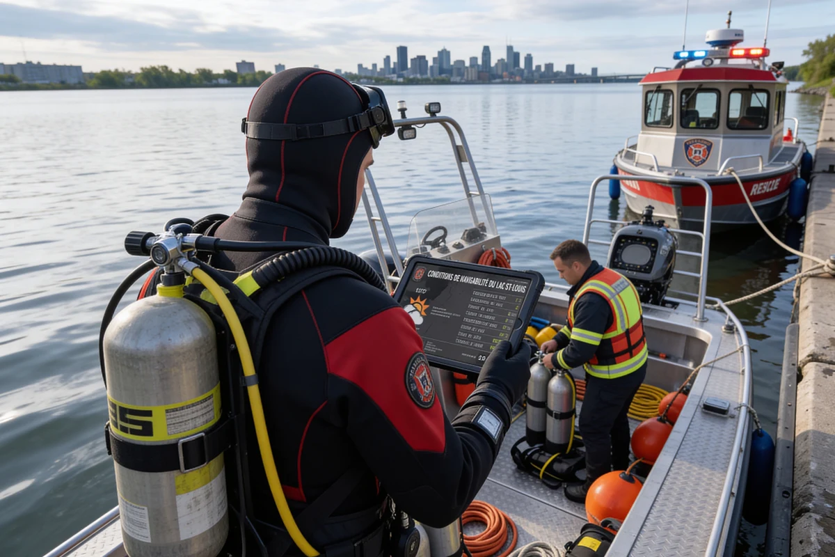Équipe de sauvetage nautique consultant les conditions sur une tablette