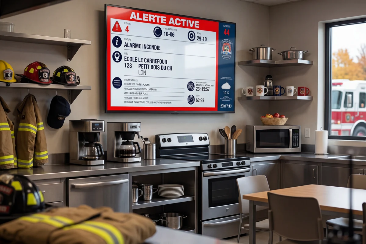 Carte d’appel d’urgence affichée dans l’aire de repos d’une caserne