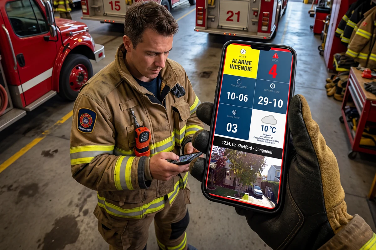 Pompier consultant une alerte d’intervention et une vue du lieu sur mobile
