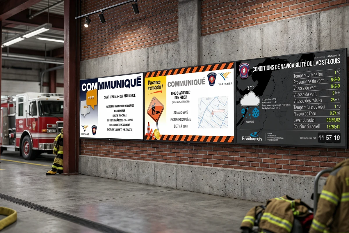 Mur d’écrans présentant des communications et des conditions opérationnelles dans une caserne