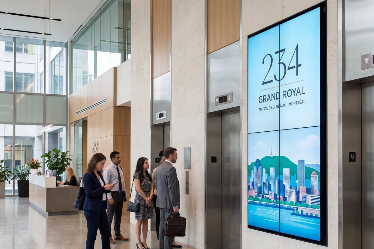 Mur d’écrans dans le hall d’un immeuble de bureaux
