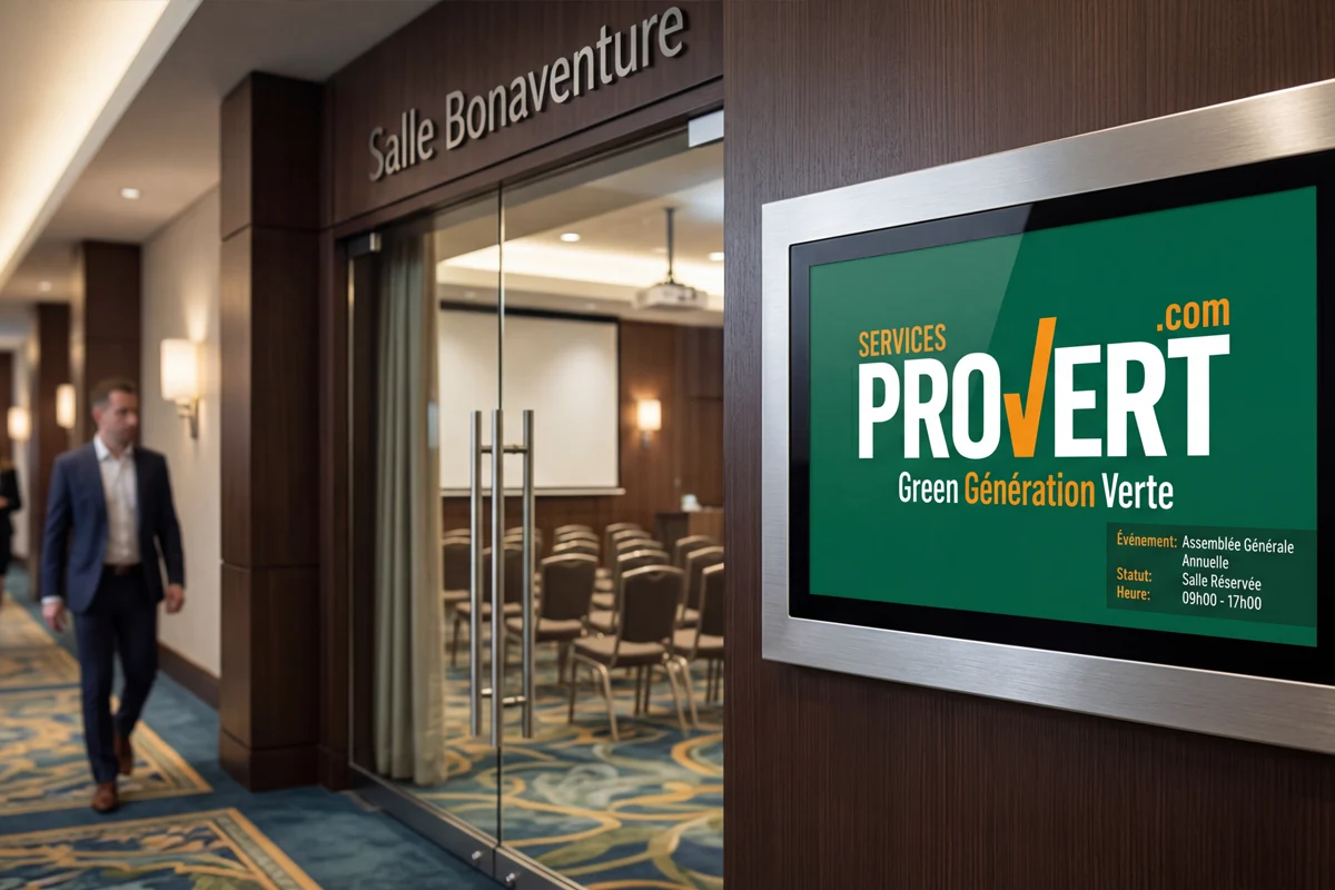 Écran indiquant un événement devant une salle de conférence