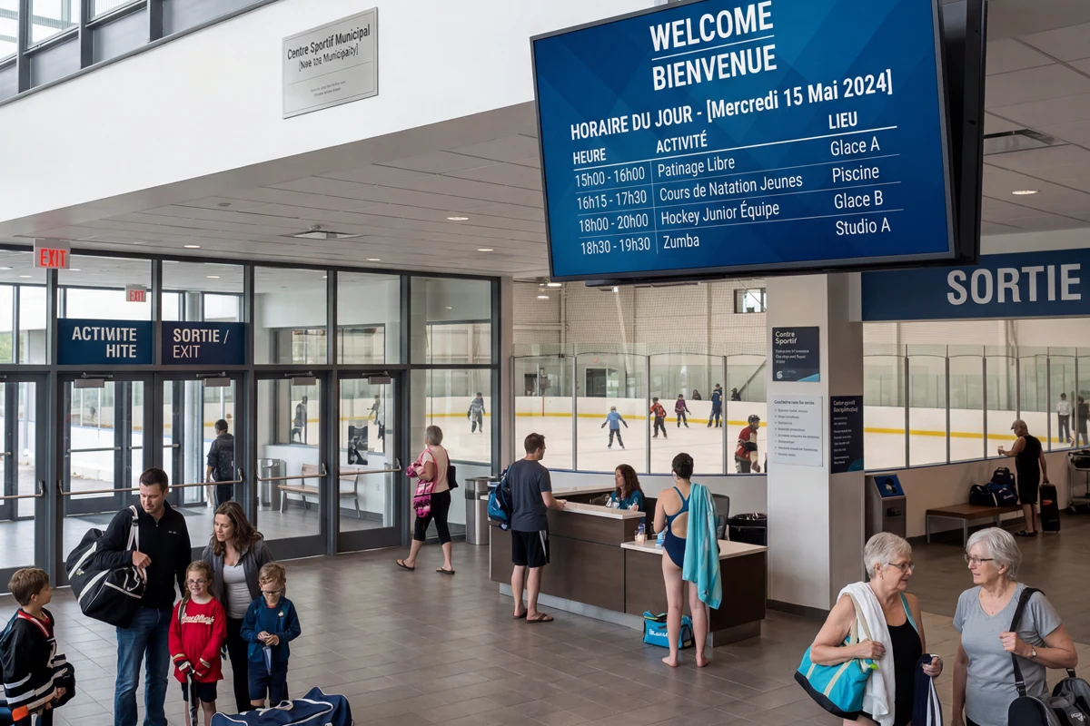 Horaire municipal diffusé sur un écran dans un centre sportif