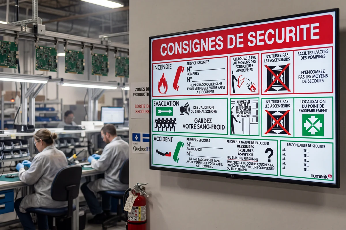 Safety instructions presented on a screen in a factory