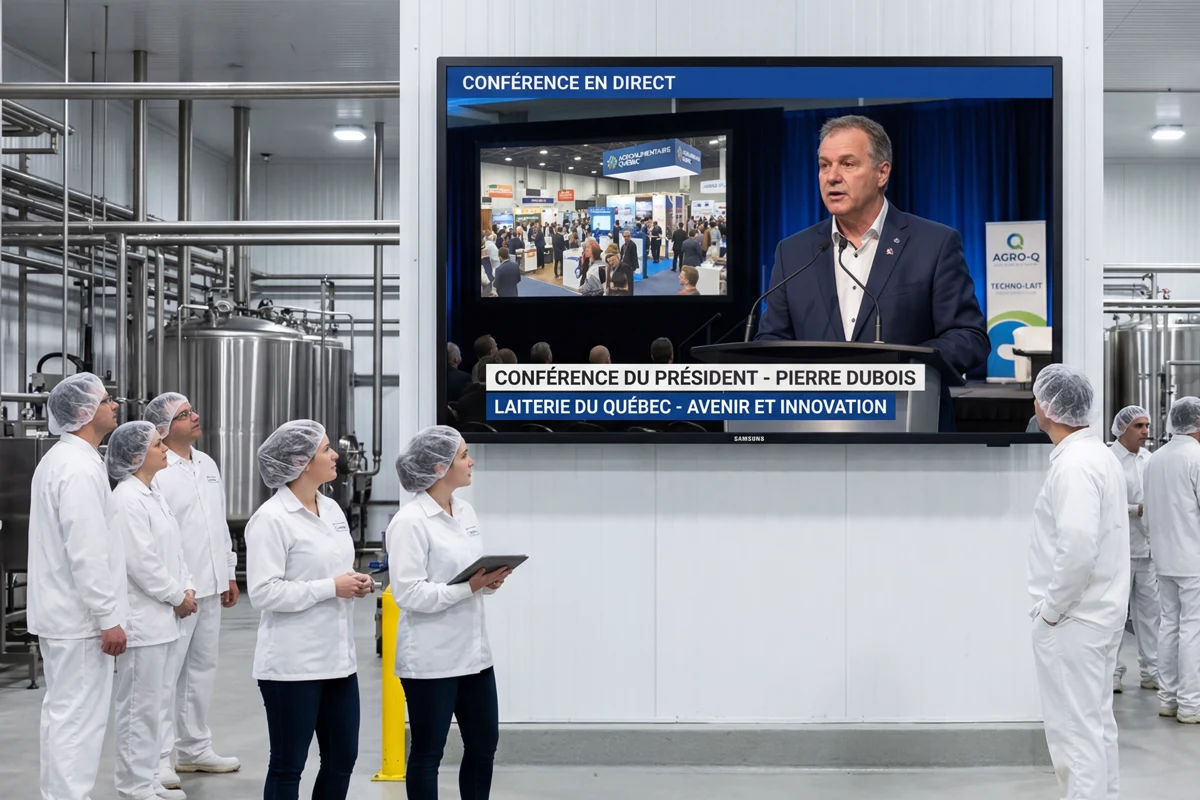 Factory employees watching a conference broadcast on a screen