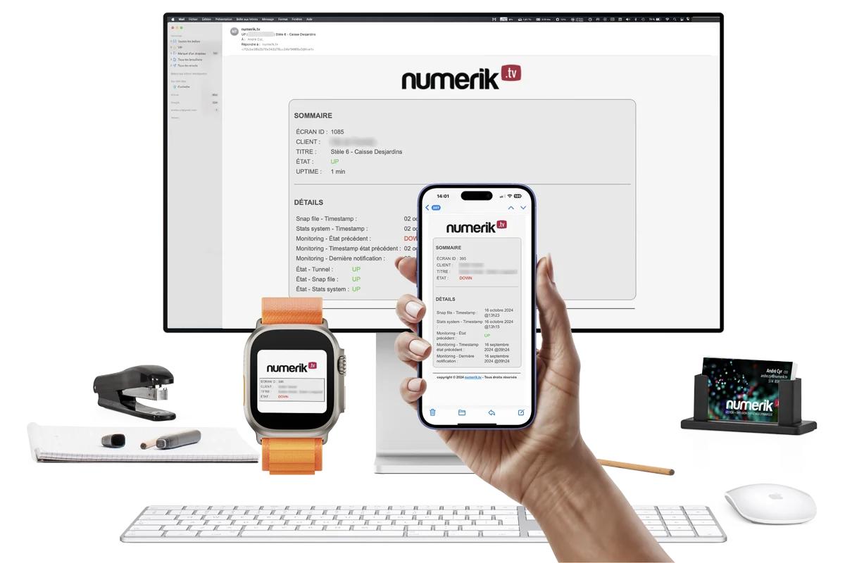 Numerik.tv status alert viewed on a computer, phone and watch