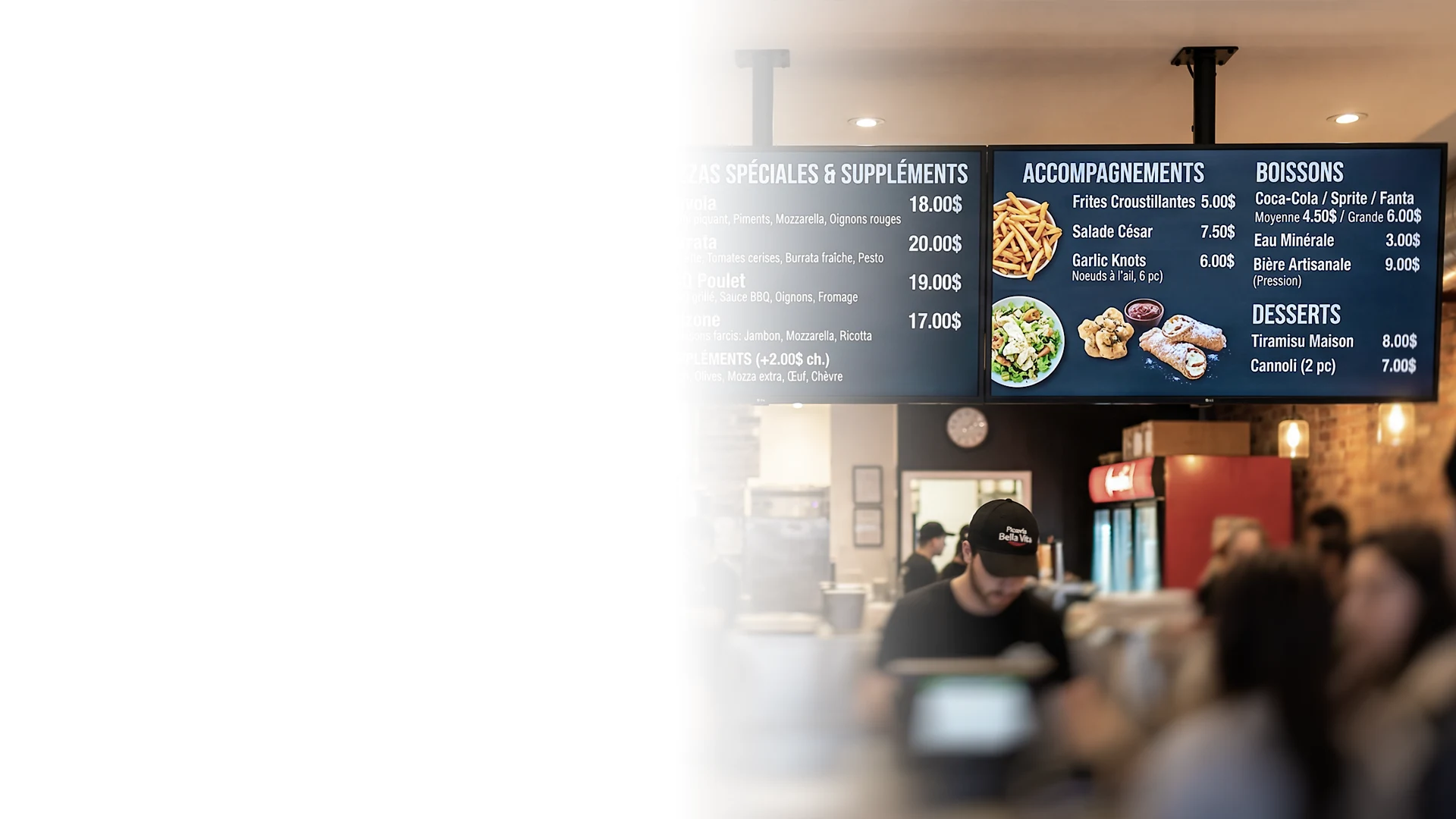 Digital menus displayed across several restaurant screens