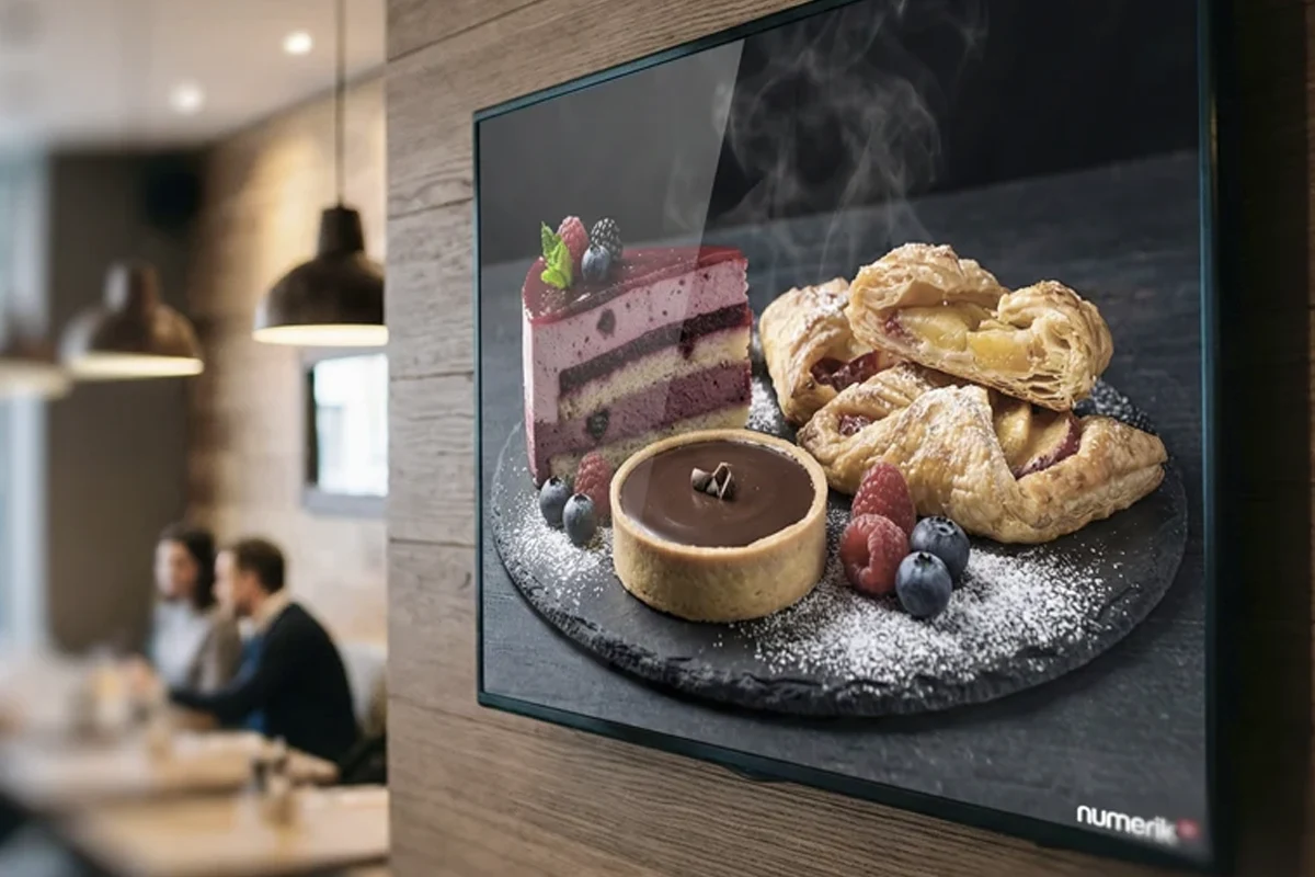Desserts featured on a digital restaurant screen