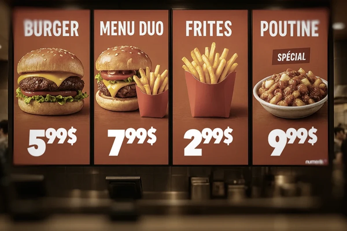 Restaurant menu distributed across four digital screens