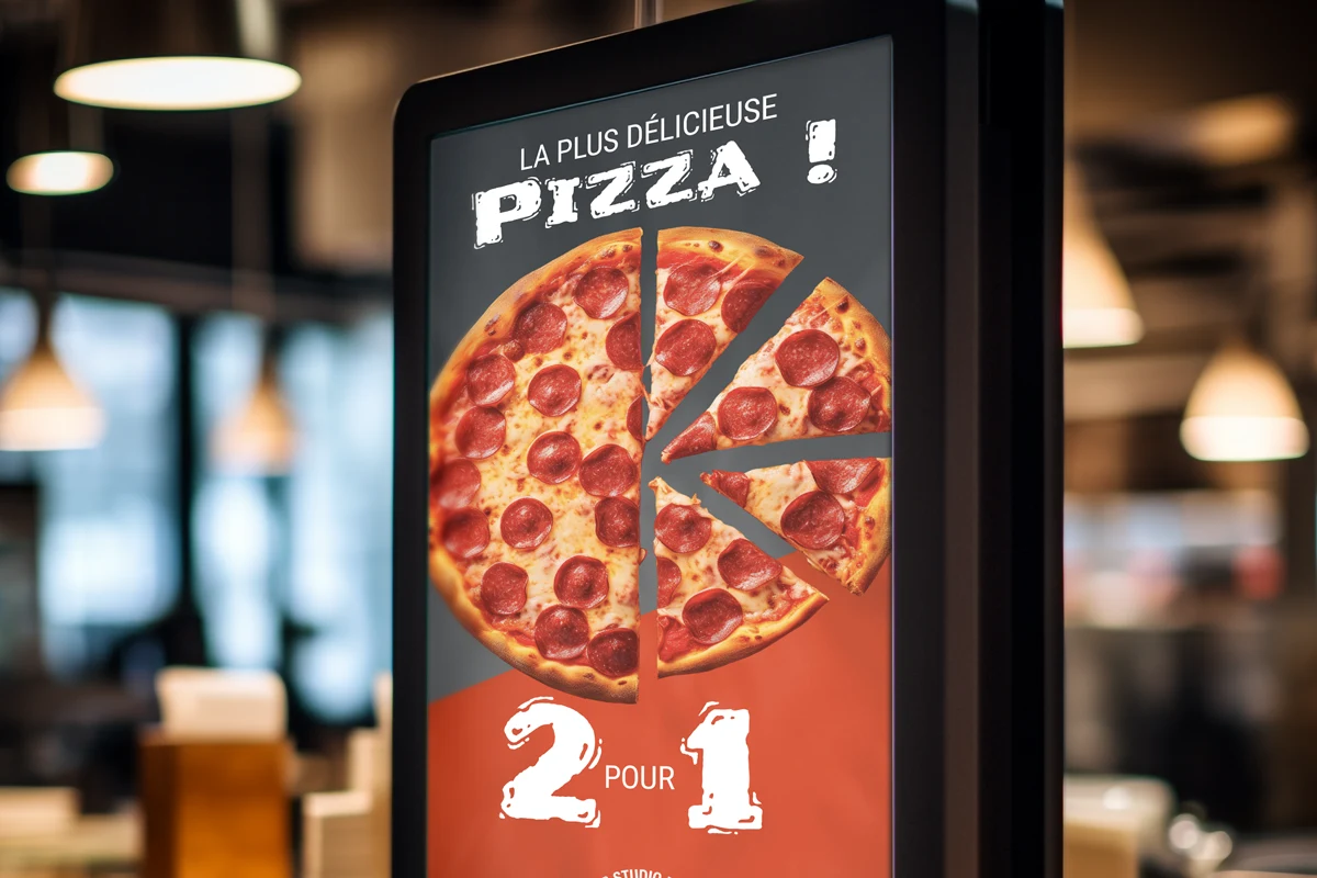 Two-for-one promotion on a digital restaurant screen