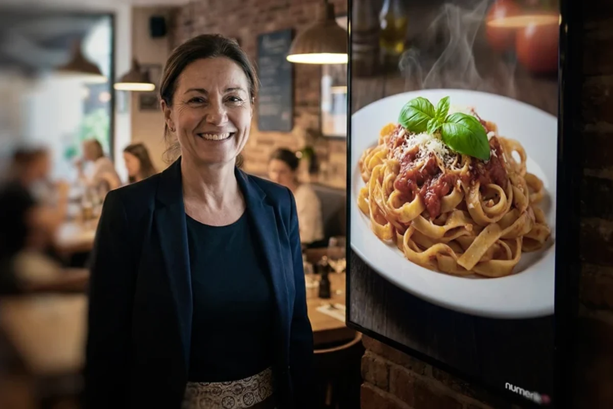 Restaurant manager beside a screen presenting a menu item