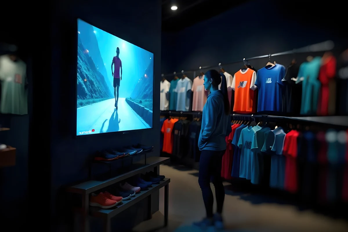 Écran immersif présentant une campagne dans un magasin de vêtements