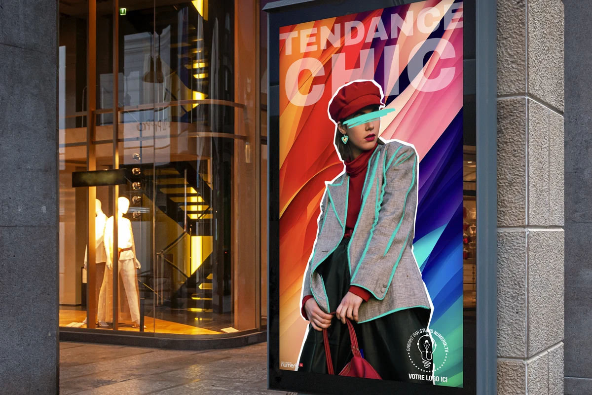 Campagne de mode présentée sur un écran vertical devant une boutique