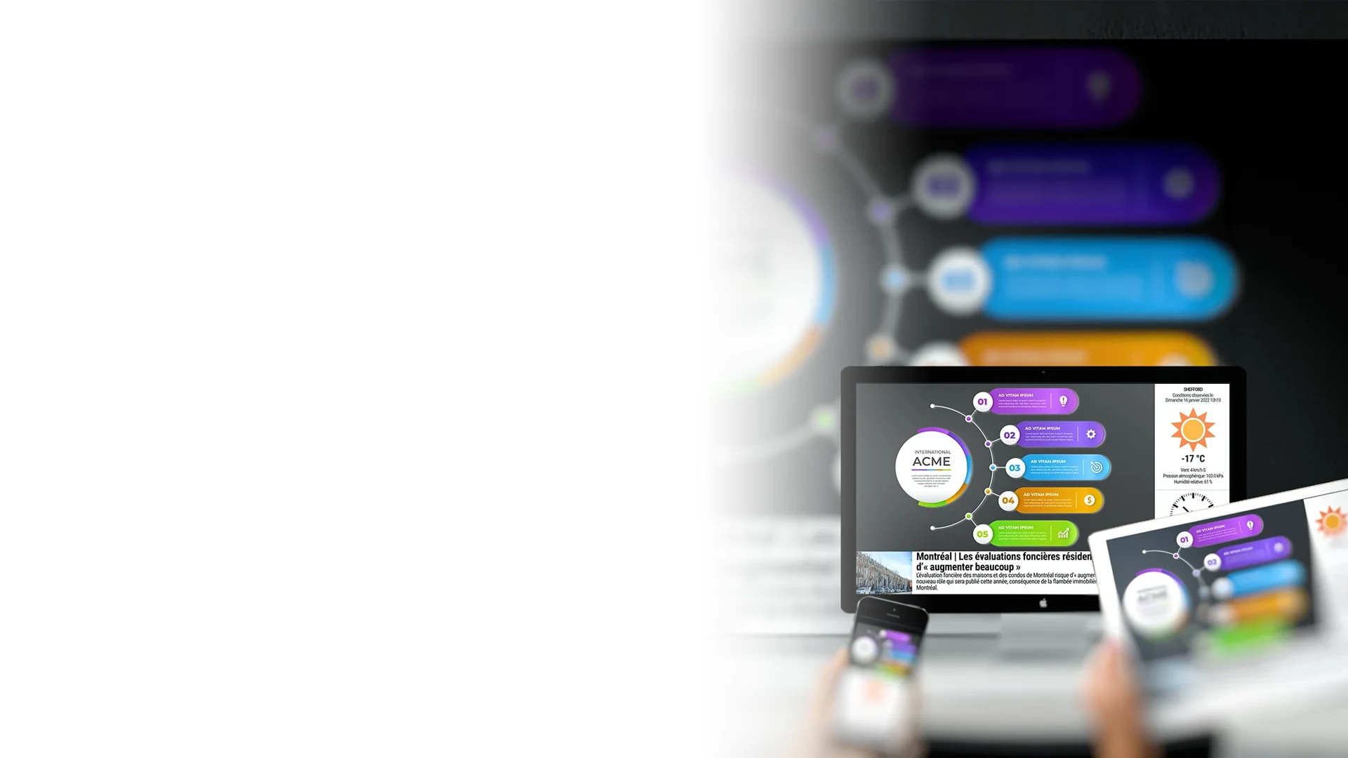 The same Numerik.tv communication displayed on a computer, tablet and phone